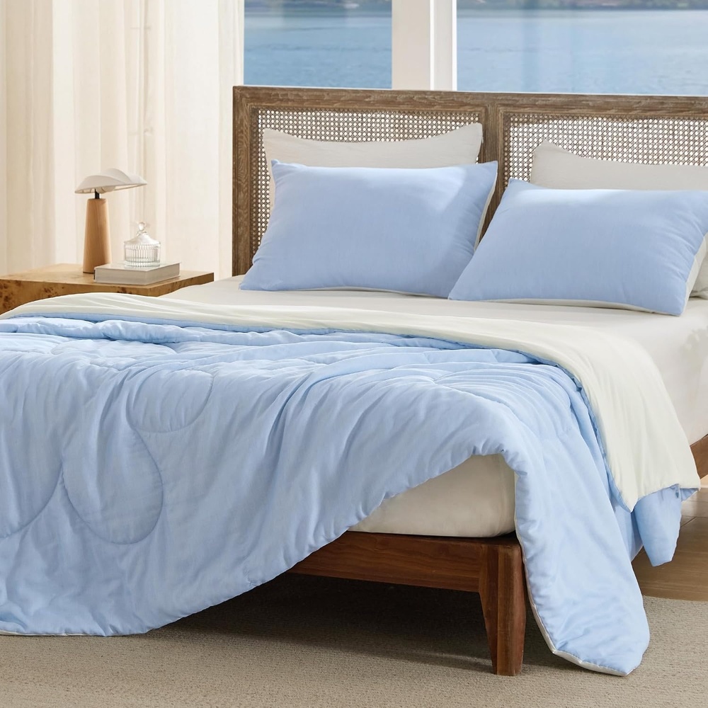 image:imageBedsure SleepEase Cooling Comforter King Size for Summer 3 Pieces White Seersucker Cooling Comforters for Hot Sleepers DoubleSided Cool Tech Bedding Set with 1 Breathable Comforter 2 Pillowcases02  Breeze Blue