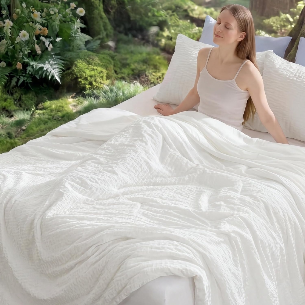 image:imageBedsure SleepEase Cooling Comforter King Size for Summer 3 Pieces White Seersucker Cooling Comforters for Hot Sleepers DoubleSided Cool Tech Bedding Set with 1 Breathable Comforter 2 Pillowcases01  Cloud White