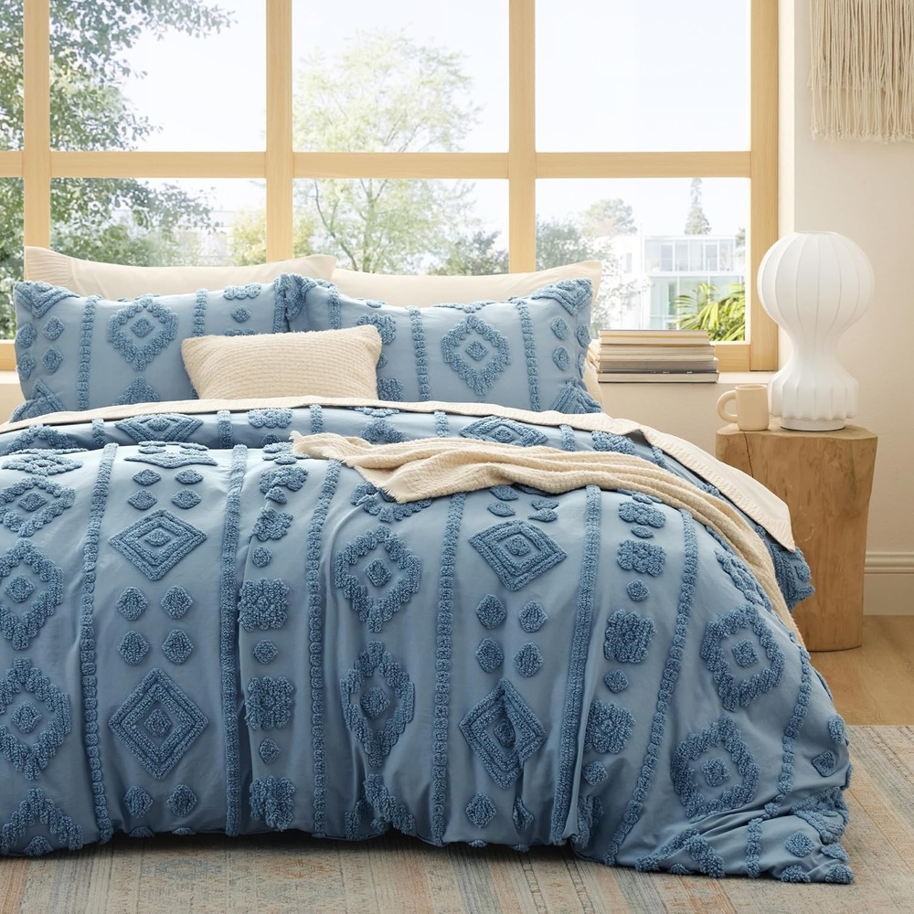 image:imageBedsure Textured Duvet Cover King Size Soft amp Breathable Comforter Cover for All Season 3 Pieces WrinkleResistant Zipper Bedding with 8 Corner Ties Olive Green10  Blue No Comforter