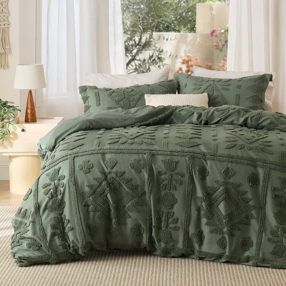 image:imageBedsure Textured Duvet Cover King Size Soft amp Breathable Comforter Cover for All Season 3 Pieces WrinkleResistant Zipper Bedding with 8 Corner Ties Olive Green05  Olive Green No Comforter