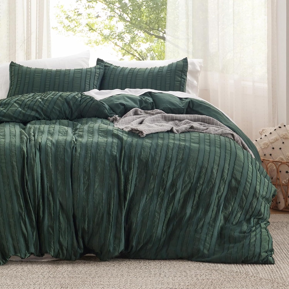 image:imageBedsure Textured Duvet Cover King Size Soft amp Breathable Comforter Cover for All Season 3 Pieces WrinkleResistant Zipper Bedding with 8 Corner Ties Olive Green12 Forest Green Stripe No Comforter