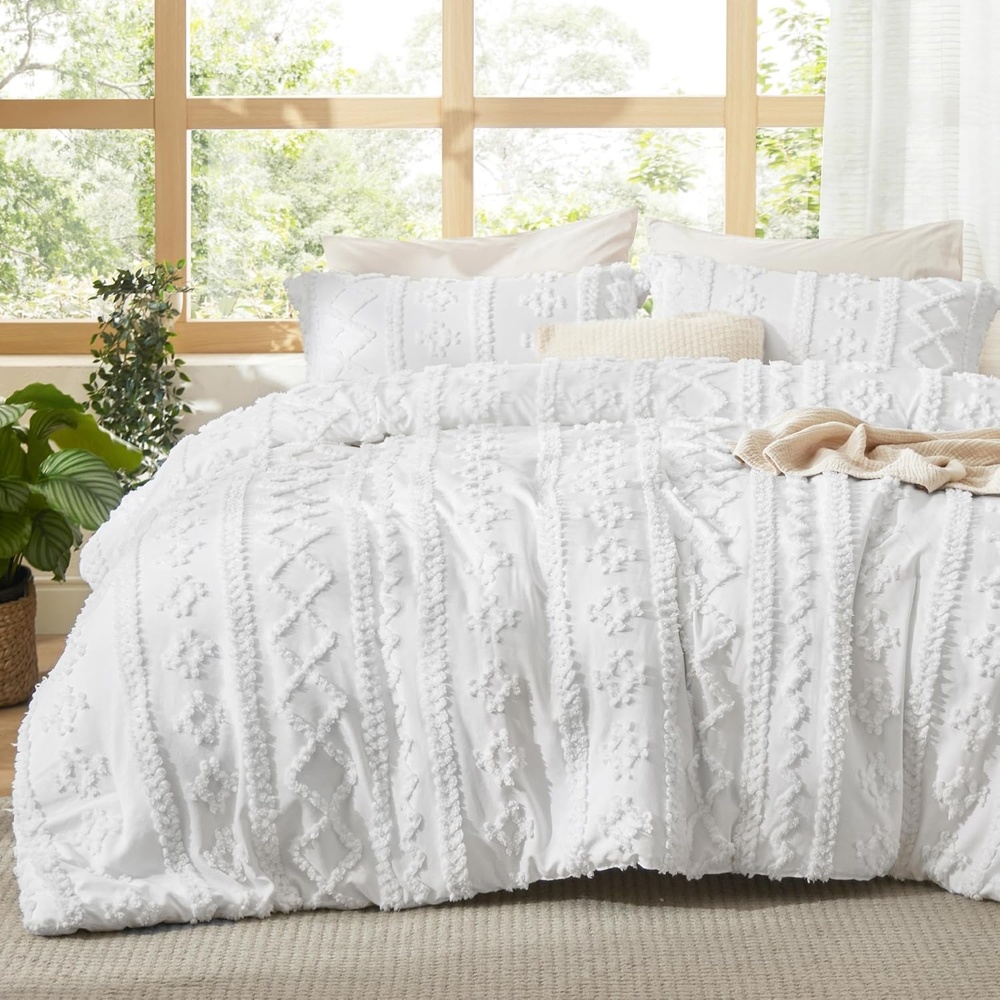 image:imageBedsure Tufted Boho Comforter Set Queen Size Beige Boho Bed Set GentleSoft 3 Pieces FarmhouseStyle Embroidery Bedding Gifts for Woman Soft Jacquard Kids Queen Comforter for All Seasons02 Bright White Elegant