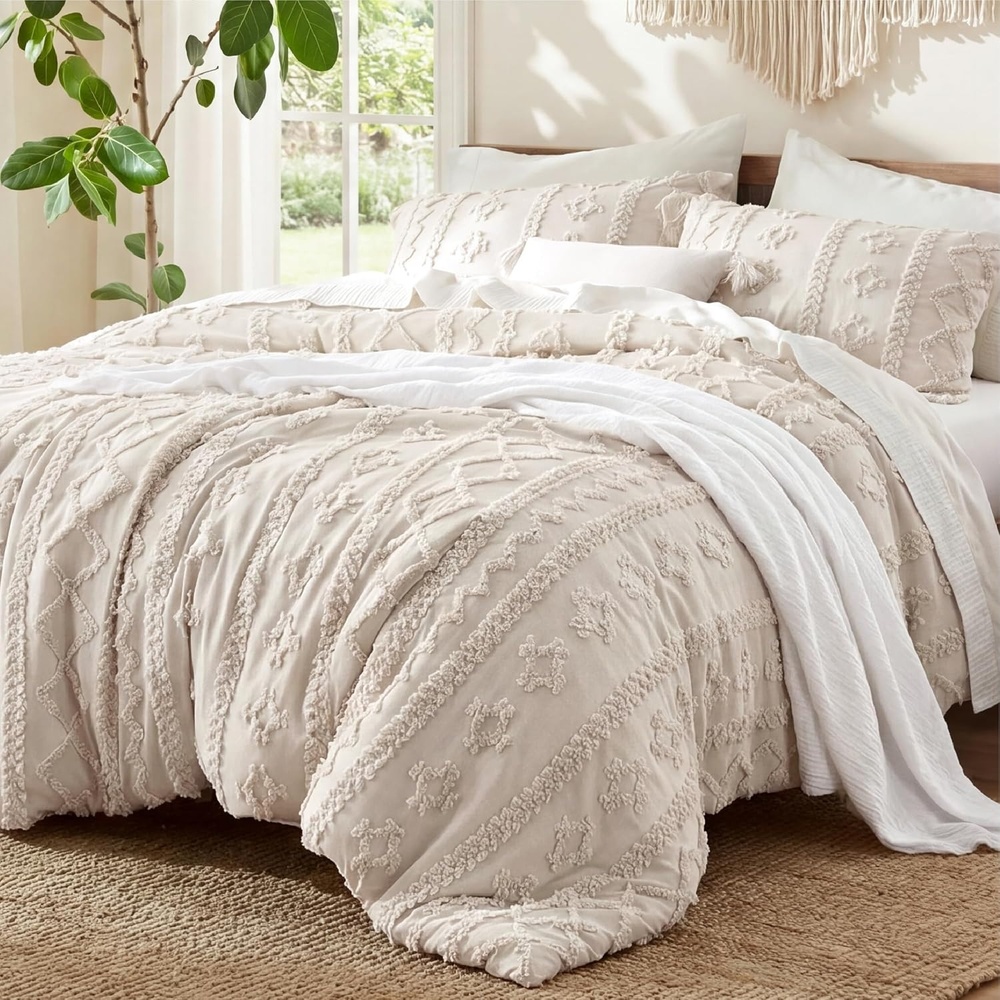 image:imageBedsure Tufted Boho Comforter Set Queen Size Beige Boho Bed Set GentleSoft 3 Pieces FarmhouseStyle Embroidery Bedding Gifts for Woman Soft Jacquard Kids Queen Comforter for All Seasons11 Ivory Elegant