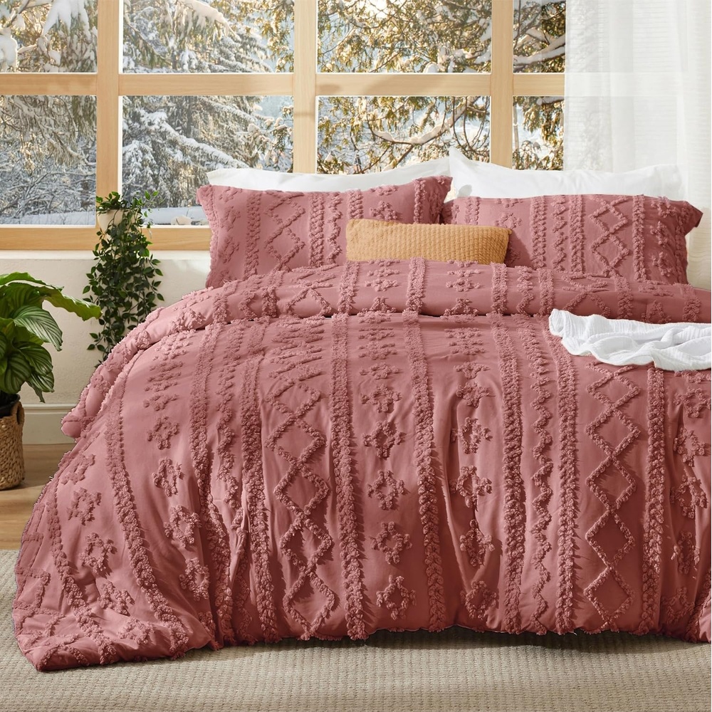 image:imageBedsure Tufted Boho Comforter Set Queen Size Beige Boho Bed Set GentleSoft 3 Pieces FarmhouseStyle Embroidery Bedding Gifts for Woman Soft Jacquard Kids Queen Comforter for All Seasons25 Pink Clay Elegant