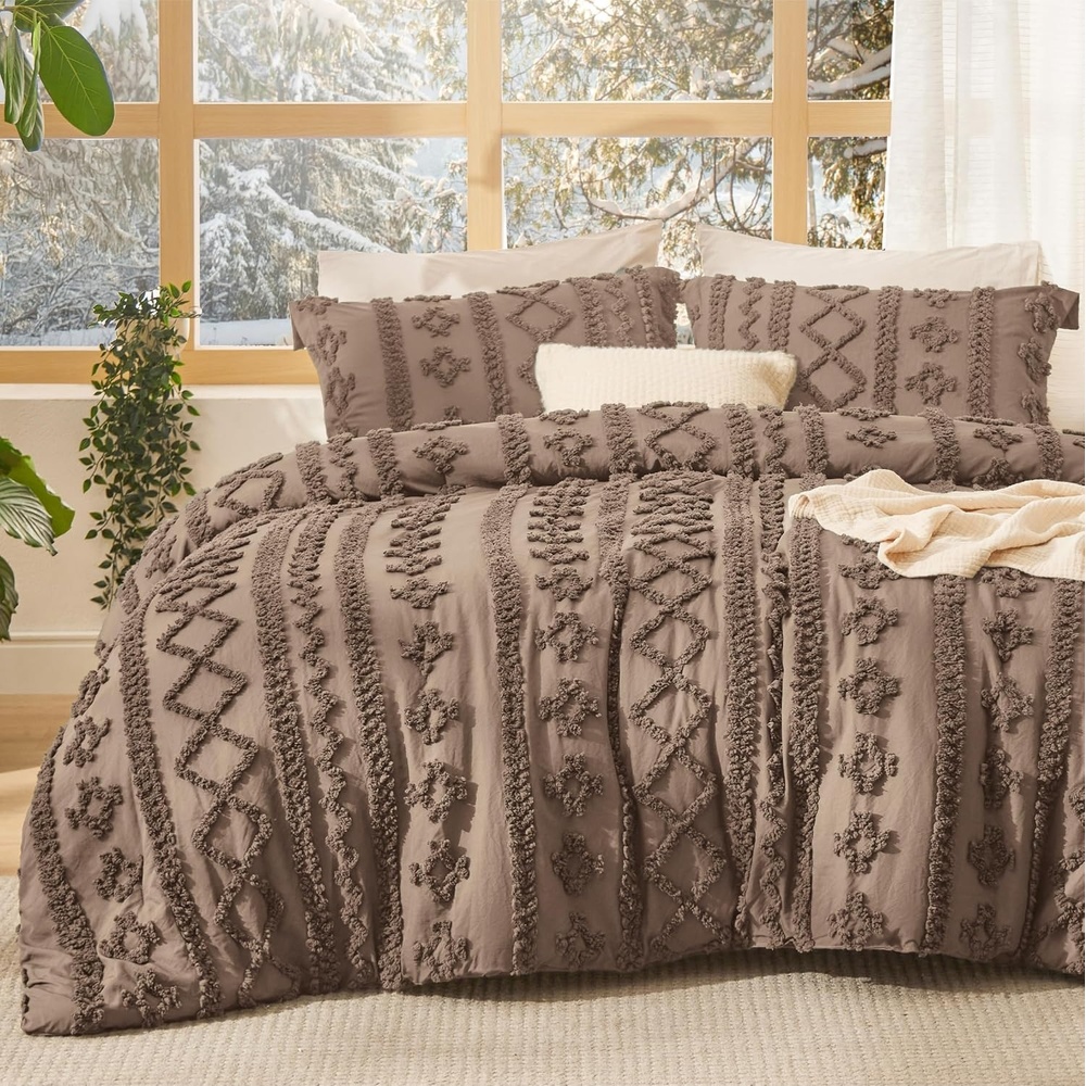 image:imageBedsure Tufted Boho Comforter Set Queen Size  Beige Boho Bed Set GentleSoft 3 Pieces FarmhouseStyle Embroidery Bedding Gifts for Woman Soft Jacquard Kids Queen Comforter for All Seasons10  Coffee Brown  Elegant