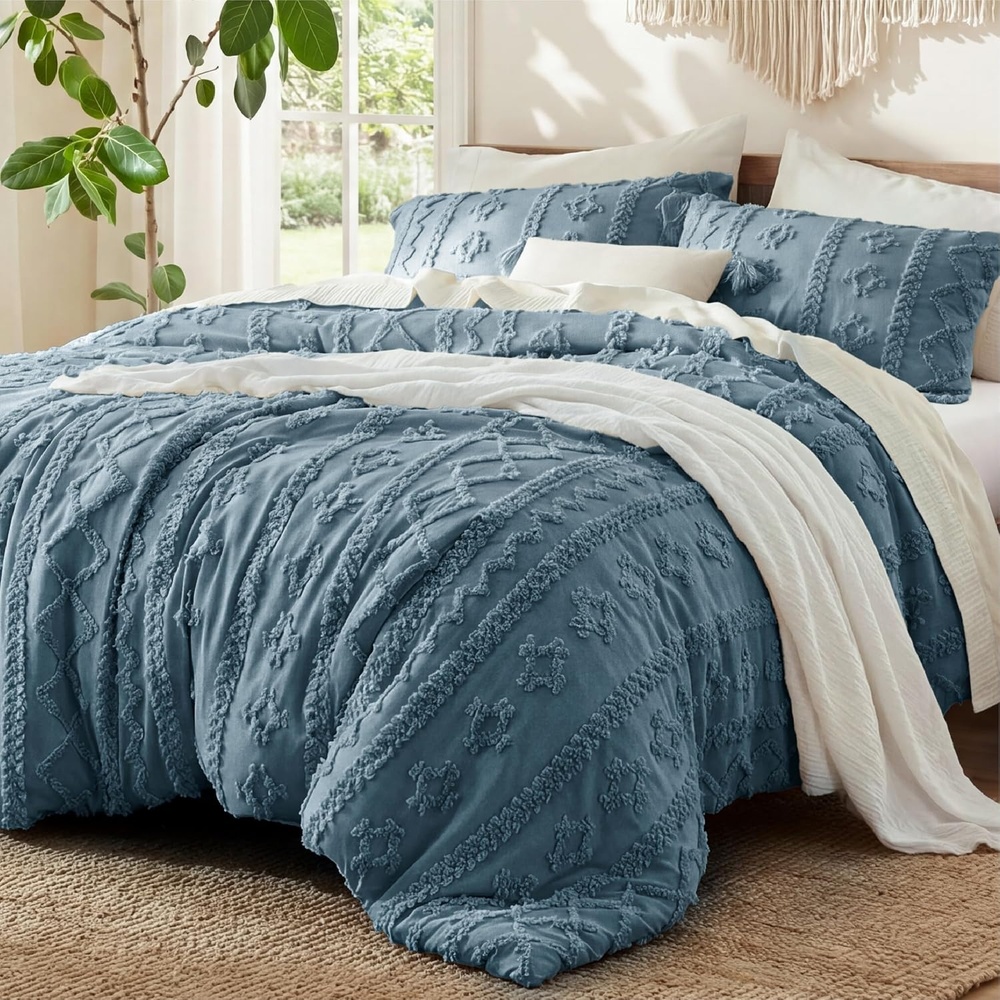 image:imageBedsure Tufted Boho Comforter Set Queen Size  Beige Boho Bed Set GentleSoft 3 Pieces FarmhouseStyle Embroidery Bedding Gifts for Woman Soft Jacquard Kids Queen Comforter for All Seasons21  Grayish Blue  Elegant