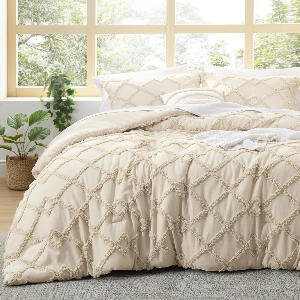 image:imageBedsure Tufted Boho Comforter Set Queen Size Beige Boho Bed Set GentleSoft 3 Pieces FarmhouseStyle Embroidery Bedding Gifts for Woman Soft Jacquard Kids Queen Comforter for All SeasonsBeige and White