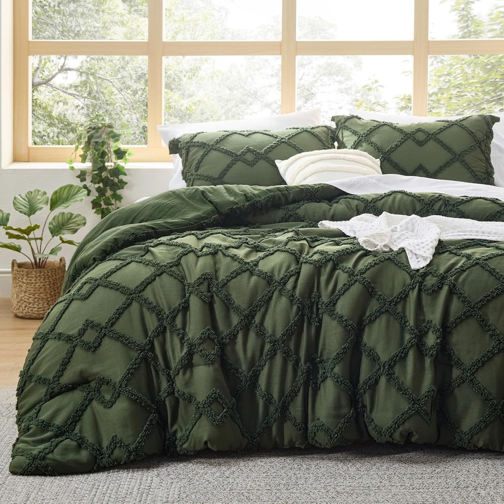 image:imageBedsure Tufted Boho Comforter Set Queen Size Beige Boho Bed Set GentleSoft 3 Pieces FarmhouseStyle Embroidery Bedding Gifts for Woman Soft Jacquard Kids Queen Comforter for All SeasonsGreen