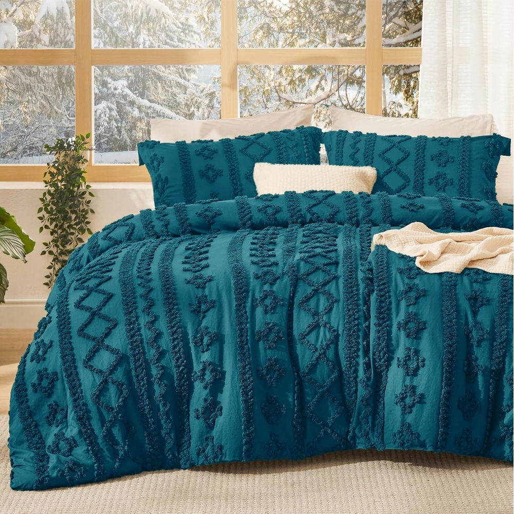 image:imageBedsure Tufted Boho Comforter Set Queen Size Beige Boho Bed Set GentleSoft 3 Pieces FarmhouseStyle Embroidery Bedding Gifts for Woman Soft Jacquard Kids Queen Comforter for All Seasons16 Teal Elegant
