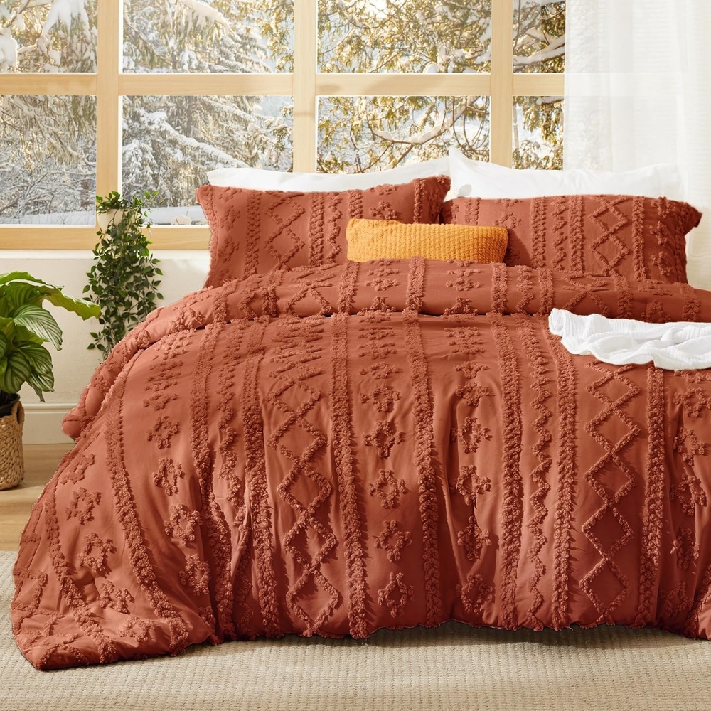 image:imageBedsure Tufted Boho Comforter Set Queen Size Beige Boho Bed Set GentleSoft 3 Pieces FarmhouseStyle Embroidery Bedding Gifts for Woman Soft Jacquard Kids Queen Comforter for All Seasons27 Terracotta Elegant