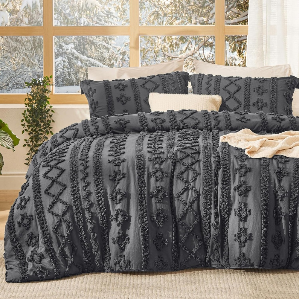 image:imageBedsure Tufted Boho Comforter Set Queen Size Beige Boho Bed Set GentleSoft 3 Pieces FarmhouseStyle Embroidery Bedding Gifts for Woman Soft Jacquard Kids Queen Comforter for All Seasons19 Dark Grey Elegant