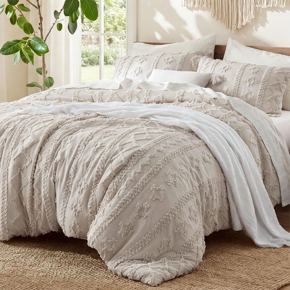 image:imageBedsure Tufted Boho Comforter Set Queen Size Beige Boho Bed Set GentleSoft 3 Pieces FarmhouseStyle Embroidery Bedding Gifts for Woman Soft Jacquard Kids Queen Comforter for All Seasons08 Linen Elegant