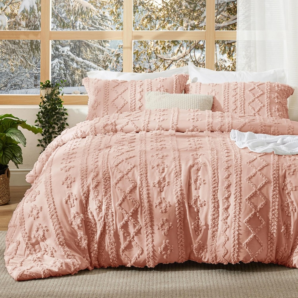 image:imageBedsure Tufted Boho Comforter Set Queen Size  Beige Boho Bed Set GentleSoft 3 Pieces FarmhouseStyle Embroidery Bedding Gifts for Woman Soft Jacquard Kids Queen Comforter for All Seasons24  Light Pink  Elegant