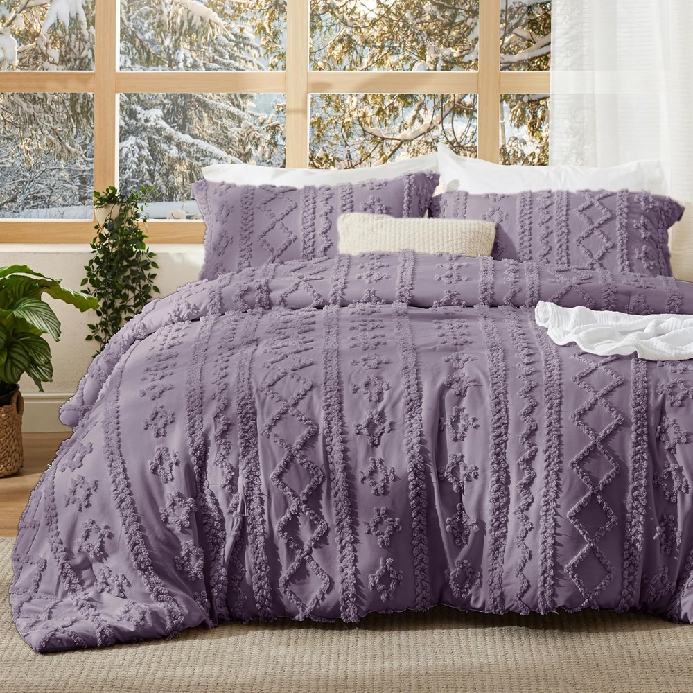 image:imageBedsure Tufted Boho Comforter Set Queen Size  Beige Boho Bed Set GentleSoft 3 Pieces FarmhouseStyle Embroidery Bedding Gifts for Woman Soft Jacquard Kids Queen Comforter for All Seasons26  Grayish Purple  Elegant