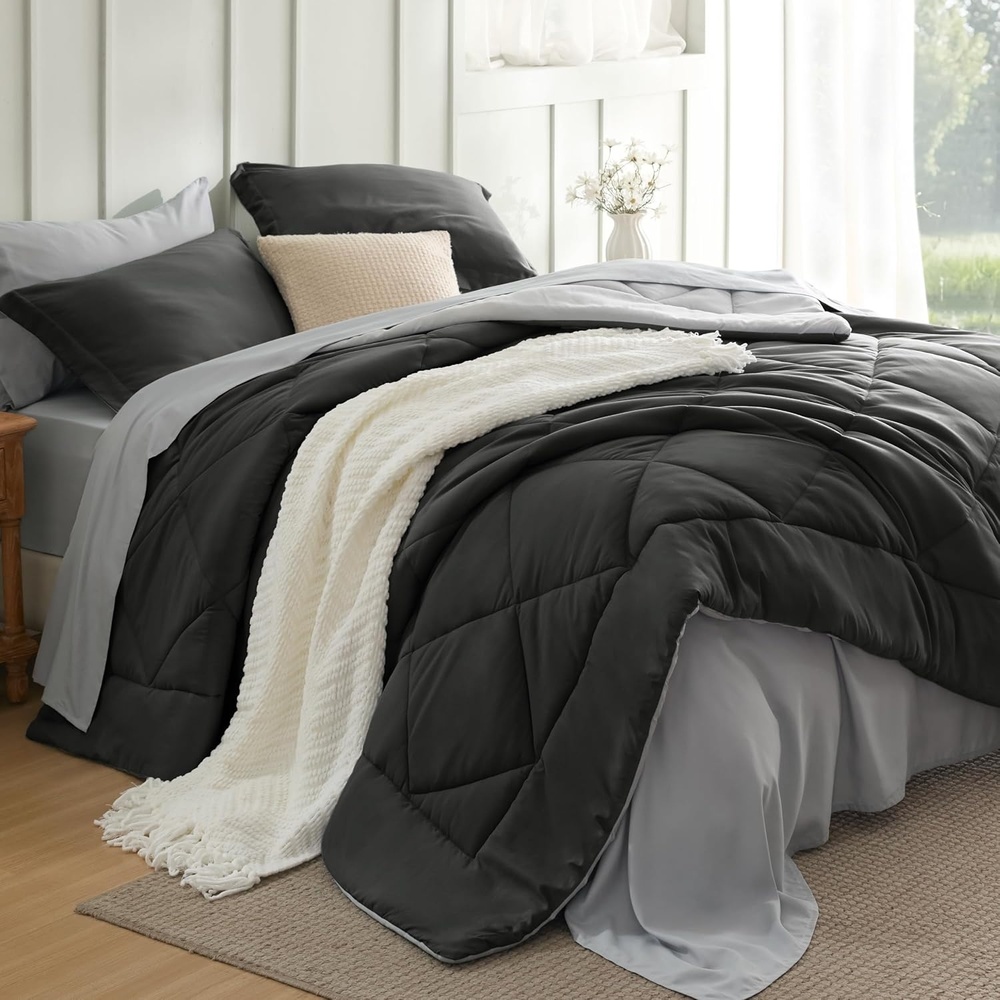 image:imageBedsure Twin XL Comforter 5 Pieces Reversible Blush Pink Bed in a Bag Twin XL Bedding Comforter Set College Dorm Essentials with 1 Flat Sheet 1 Fitted Sheet 1 Pillowcase and 1 Pillow Sham23 Charcoal GreyLight Grey