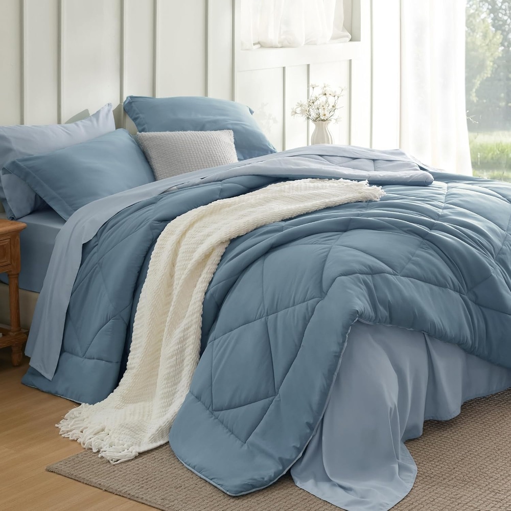 image:imageBedsure Twin XL Comforter  5 Pieces Reversible Blush Pink Bed in a Bag Twin XL Bedding Comforter Set College Dorm Essentials with 1 Flat Sheet 1 Fitted Sheet 1 Pillowcase and 1 Pillow Sham06 Grayish BlueBaby Blue