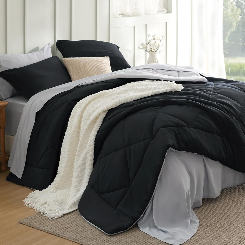 image:imageBedsure Twin XL Comforter 5 Pieces Reversible Blush Pink Bed in a Bag Twin XL Bedding Comforter Set College Dorm Essentials with 1 Flat Sheet 1 Fitted Sheet 1 Pillowcase and 1 Pillow Sham14 Dark BlackSilver Grey