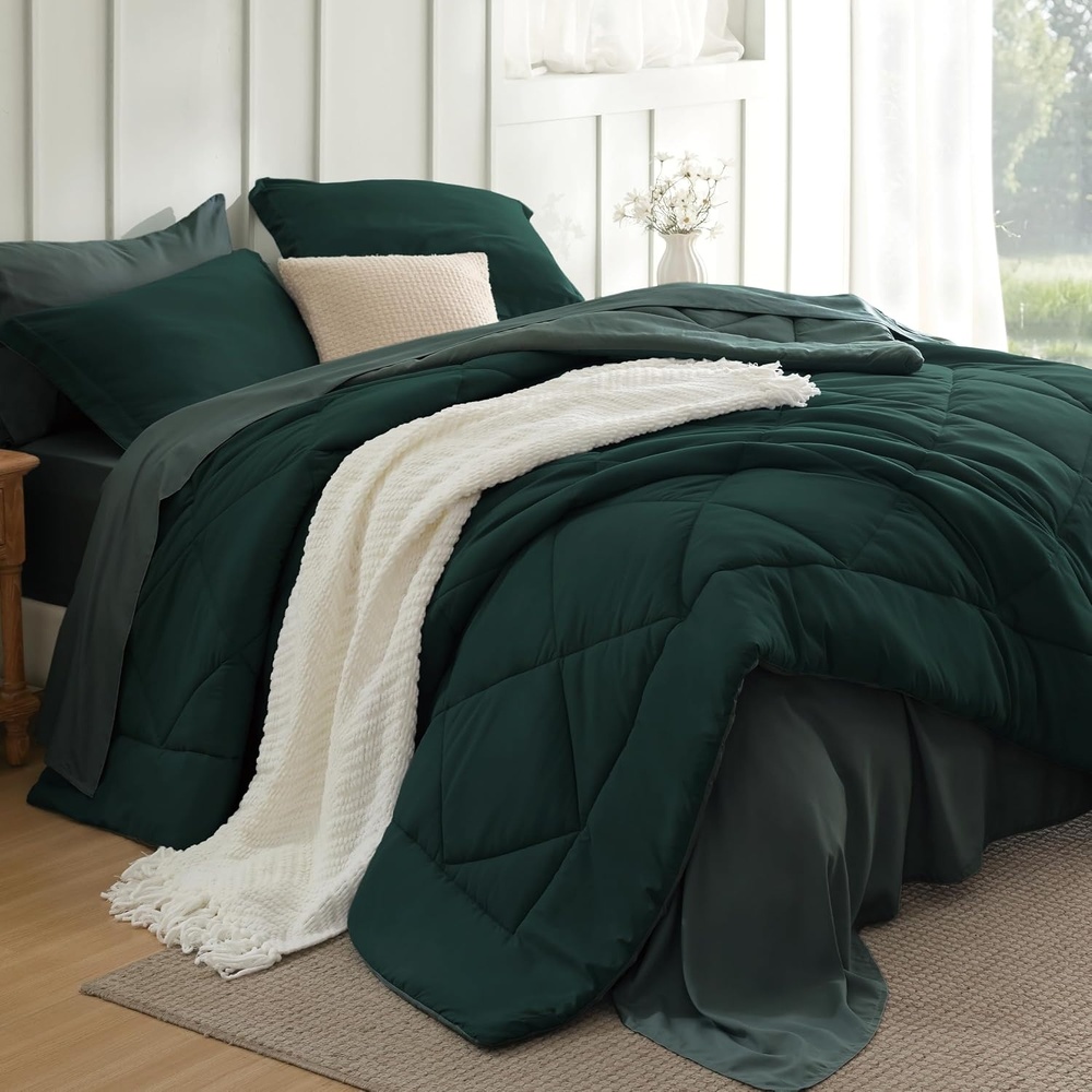 image:imageBedsure Twin XL Comforter  5 Pieces Reversible Blush Pink Bed in a Bag Twin XL Bedding Comforter Set College Dorm Essentials with 1 Flat Sheet 1 Fitted Sheet 1 Pillowcase and 1 Pillow Sham07 Dark GreenForest Green