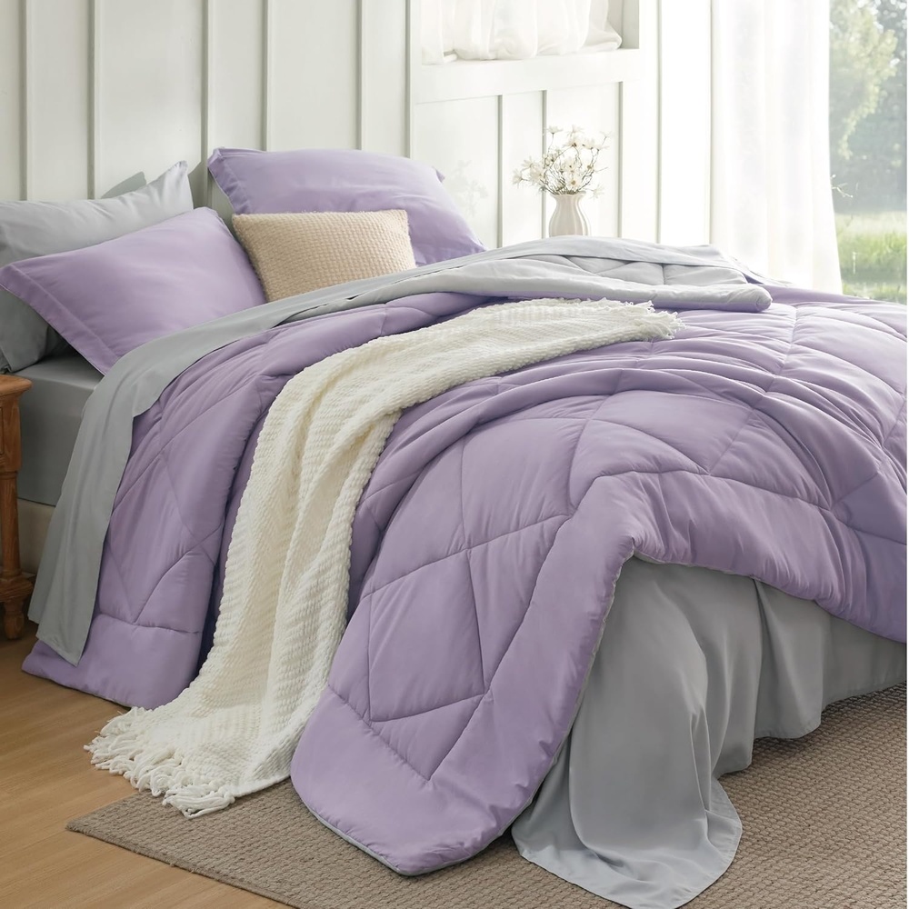 image:imageBedsure Twin XL Comforter  5 Pieces Reversible Blush Pink Bed in a Bag Twin XL Bedding Comforter Set College Dorm Essentials with 1 Flat Sheet 1 Fitted Sheet 1 Pillowcase and 1 Pillow Sham27 Light PurpleLight Grey