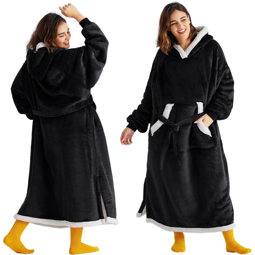 image:imageBedsure Wearable Blanket Hoodie Long Hooded Blanket Sweatshirt as Birthday Gifts for Women and Men Cozy Sherpa Hoodie for Adult Standard GreyBlack