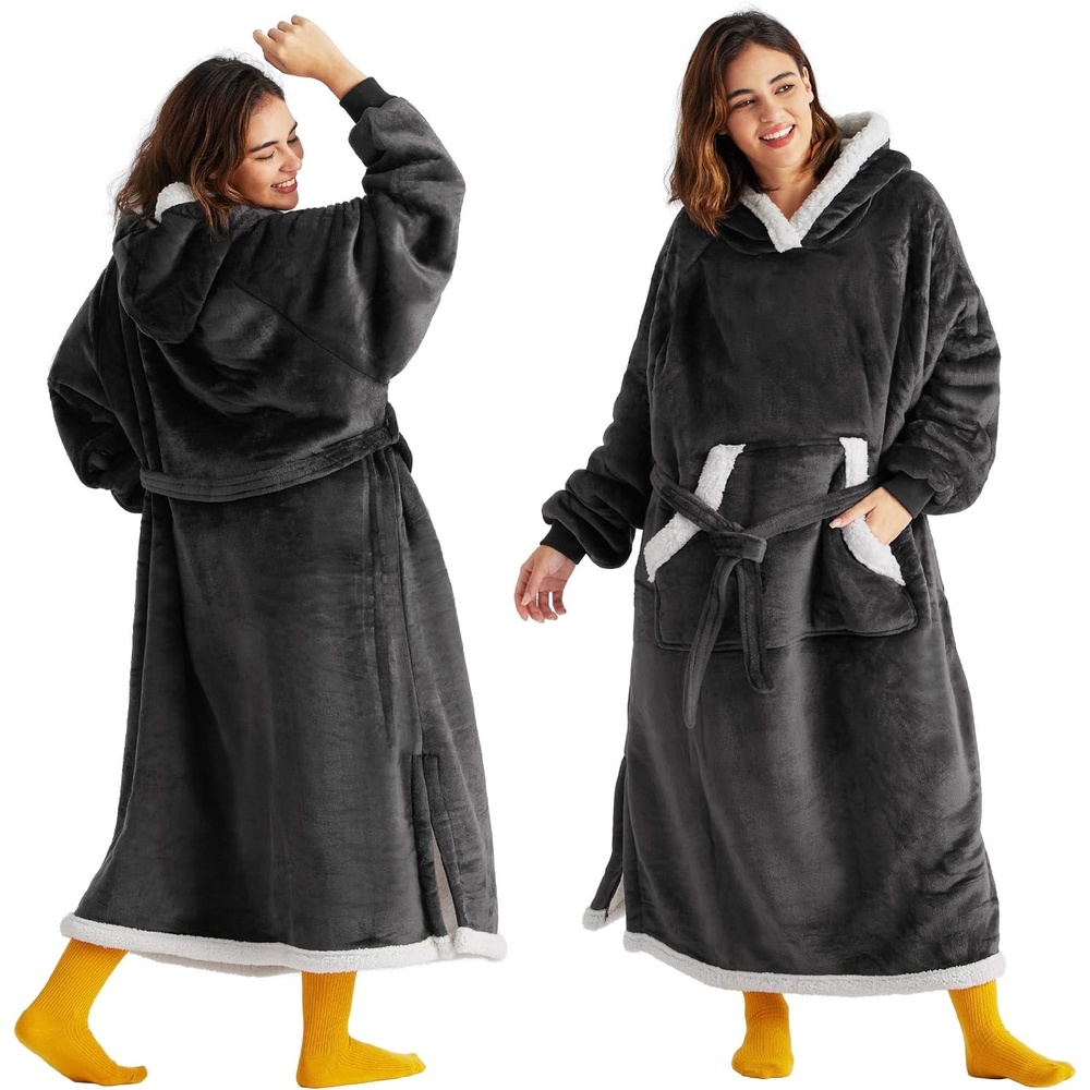 image:imageBedsure Wearable Blanket Hoodie Long Hooded Blanket Sweatshirt as Birthday Gifts for Women and Men Cozy Sherpa Hoodie for Adult Standard GreyCharcoal