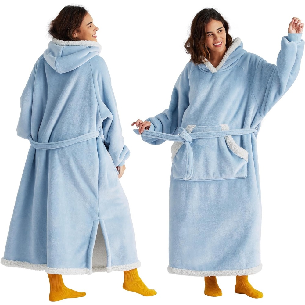 image:imageBedsure Wearable Blanket Hoodie Long Hooded Blanket Sweatshirt as Birthday Gifts for Women and Men Cozy Sherpa Hoodie for Adult Standard GreyDream Blue