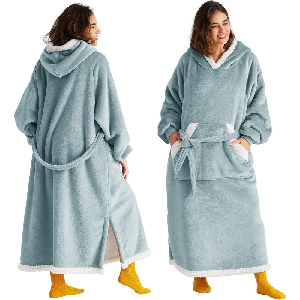image:imageBedsure Wearable Blanket Hoodie Long Hooded Blanket Sweatshirt as Birthday Gifts for Women and Men Cozy Sherpa Hoodie for Adult Standard GreyLight Green