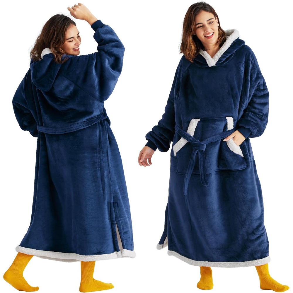 image:imageBedsure Wearable Blanket Hoodie Long Hooded Blanket Sweatshirt as Birthday Gifts for Women and Men Cozy Sherpa Hoodie for Adult Standard GreyNavy