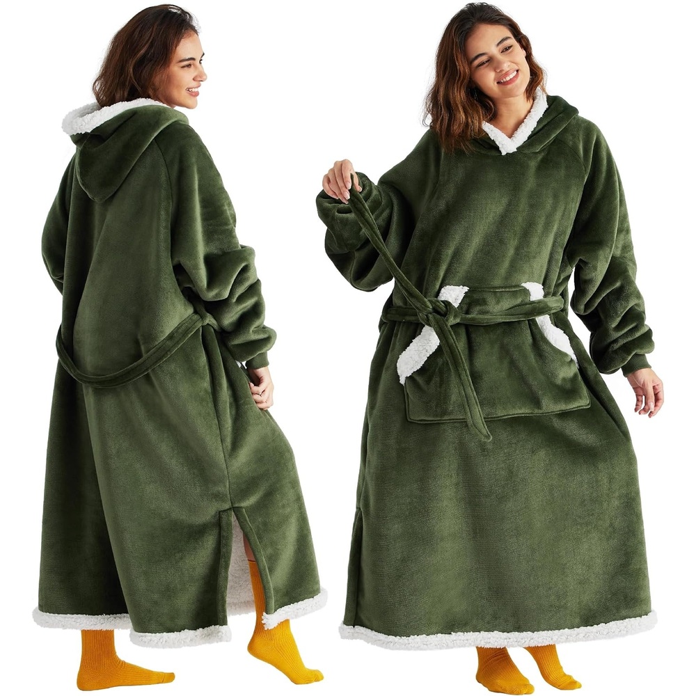 image:imageBedsure Wearable Blanket Hoodie Long Hooded Blanket Sweatshirt as Birthday Gifts for Women and Men Cozy Sherpa Hoodie for Adult Standard GreyOlive Green