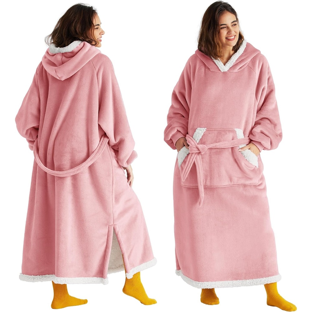 image:imageBedsure Wearable Blanket Hoodie Long Hooded Blanket Sweatshirt as Birthday Gifts for Women and Men Cozy Sherpa Hoodie for Adult Standard GreyRose Pink