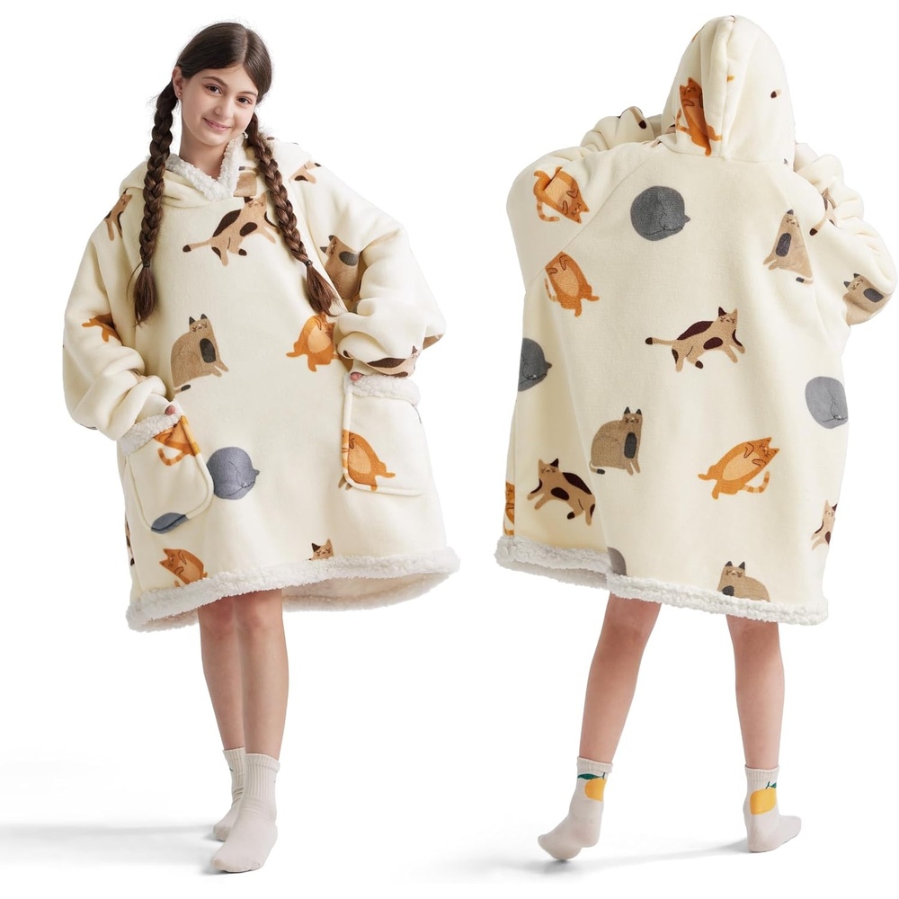 image:imageBedsure Wearable Blanket Sherpa Printed Hoodie Cat Gift for Women Light Beige Warm Soft Cozy Sherpa Fleece Gifts for Cat Lovers Cat Gifts for WomenLight Beige