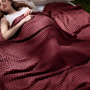 Bedsure Cooling Cotton Waffle Full Size Blanket – Lightweight Breathable Blanket of Rayon Derived from Bamboo for Hot Sleepers, Luxury Throws for Bed, Couch and Sofa, Ivory, 80×90 Inches(Dark Red)