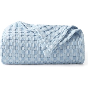 Bedsure Cooling Cotton Waffle Full Size Blanket – Lightweight Breathable Blanket of Rayon Derived from Bamboo for Hot Sleepers, Luxury Throws for Bed, Couch and Sofa, Ivory, 80×90 Inches(Light Blue)