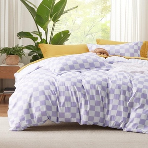 Bedsure Duvet Cover King Size – Reversible Navy Blue King Duvet Cover Set with Zipper Closure, 3 Pieces Floral Patterned Bedding Set with 8 Corner Ties and 2 Pillow Shams(07 – Purple Checkered (No Comforter))