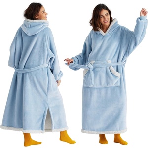 Bedsure Wearable Blanket Hoodie, Long Hooded Blanket Sweatshirt as Birthday Gifts for Women and Men, Cozy Sherpa Hoodie for Adult, Standard, Grey(Dream Blue)