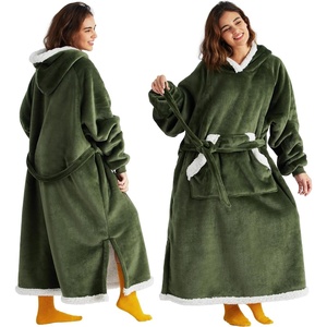 Bedsure Wearable Blanket Hoodie, Long Hooded Blanket Sweatshirt as Birthday Gifts for Women and Men, Cozy Sherpa Hoodie for Adult, Standard, Grey(Olive Green)