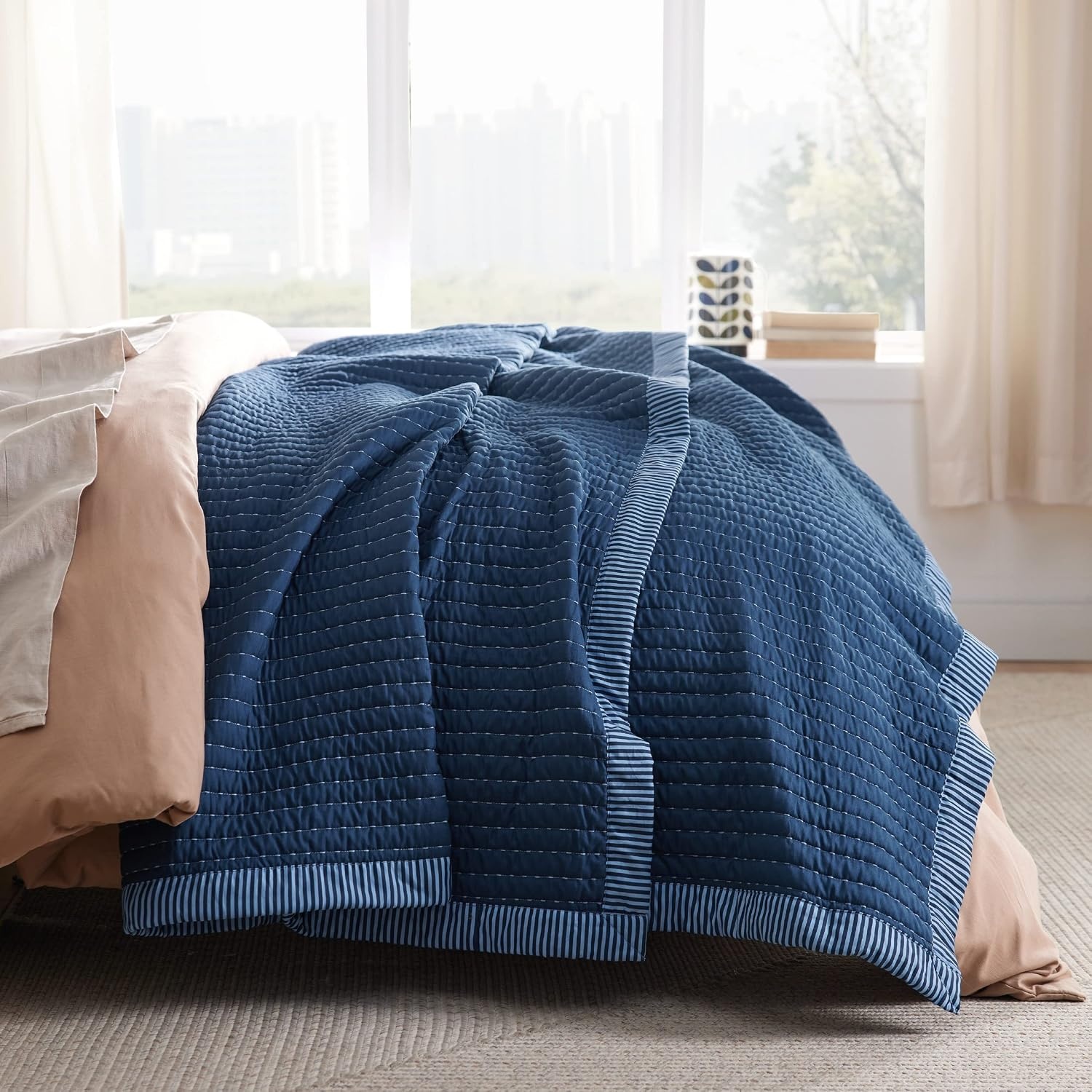 image:imageBedsure Bedspreads Queen Size Lightweight Striped Comforter Navy Breathable Ultra Soft Bedspread AllSeason Comfort Summer Coverlet Hot Sleepers Friendly OEKOTEX 3Piece Set 90x96in08 Navy Contrast Border