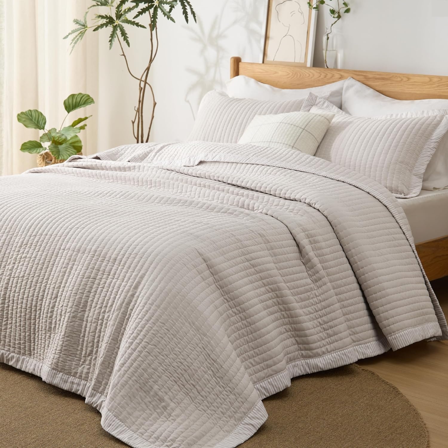 image:imageBedsure Bedspreads Queen Size Lightweight Striped Comforter Navy Breathable Ultra Soft Bedspread AllSeason Comfort Summer Coverlet Hot Sleepers Friendly OEKOTEX 3Piece Set 90x96in07 Linen Contrast Border