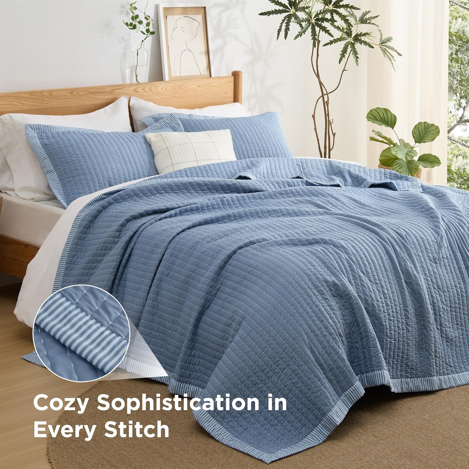 image:imageBedsure Bedspreads Queen Size Lightweight Striped Comforter Navy Breathable Ultra Soft Bedspread AllSeason Comfort Summer Coverlet Hot Sleepers Friendly OEKOTEX 3Piece Set 90x96in09 Blue Contrast Border