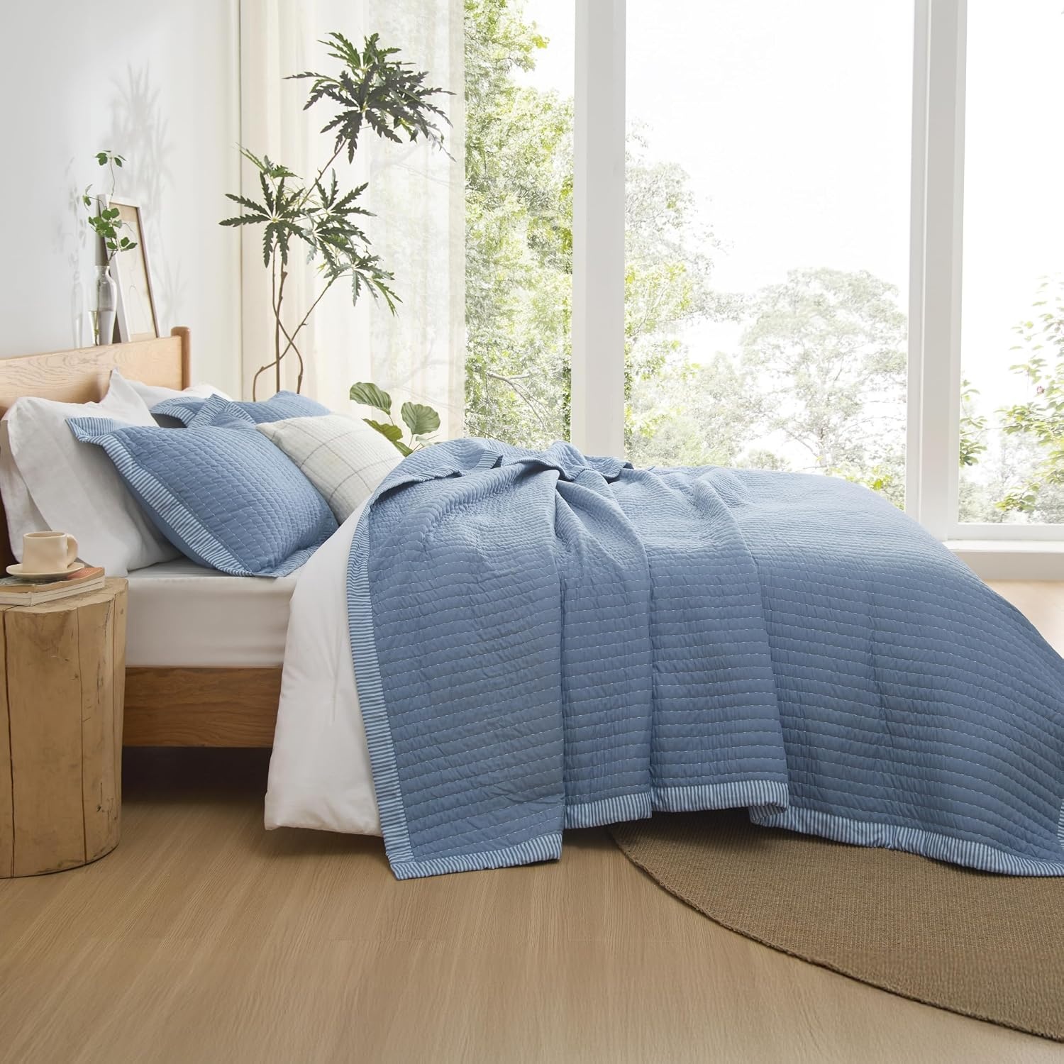 image:imageBedsure Bedspreads Queen Size Lightweight Striped Comforter Navy Breathable Ultra Soft Bedspread AllSeason Comfort Summer Coverlet Hot Sleepers Friendly OEKOTEX 3Piece Set 90x96in09 Blue Contrast Border