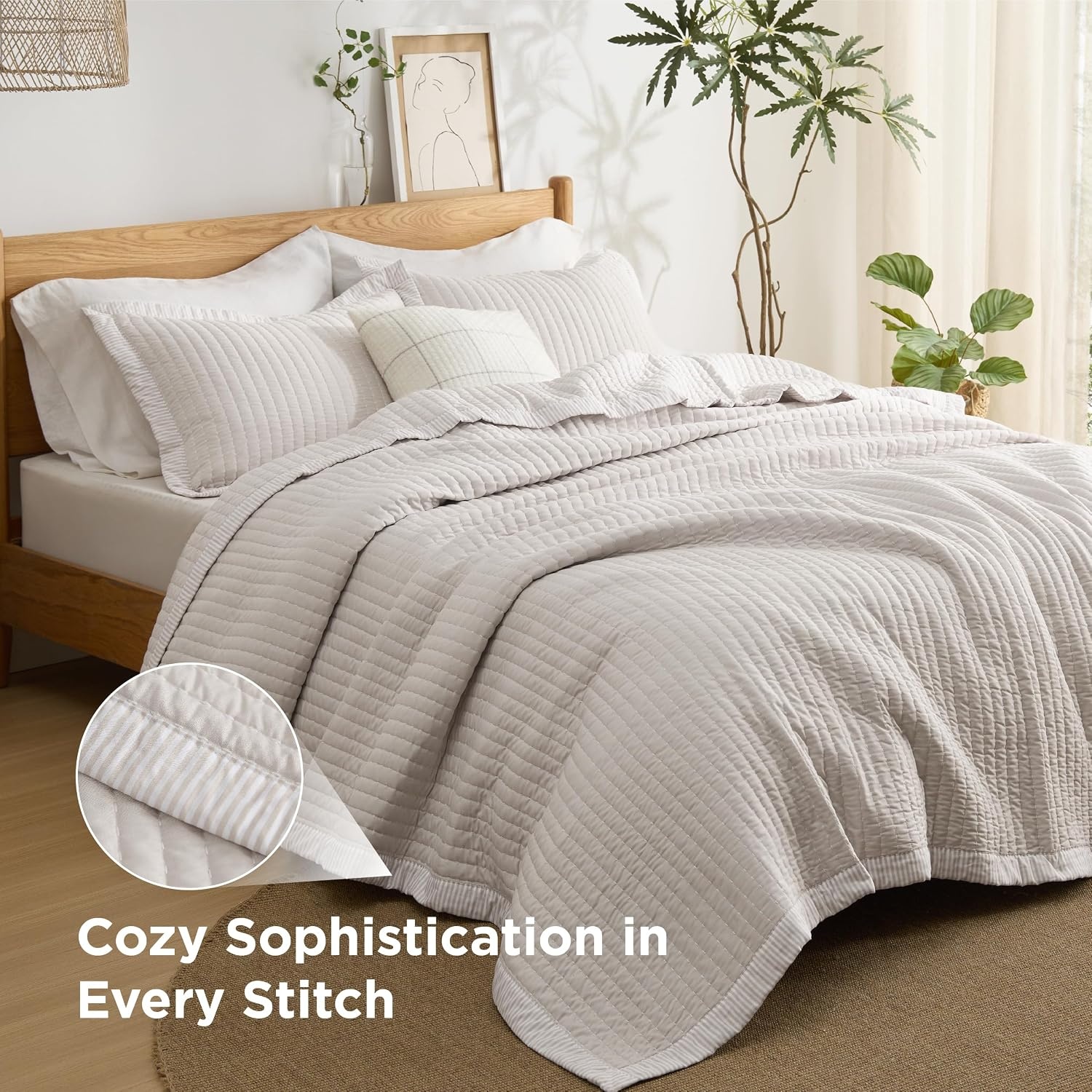 image:imageBedsure Bedspreads Queen Size Lightweight Striped Comforter Navy Breathable Ultra Soft Bedspread AllSeason Comfort Summer Coverlet Hot Sleepers Friendly OEKOTEX 3Piece Set 90x96in07 Linen Contrast Border