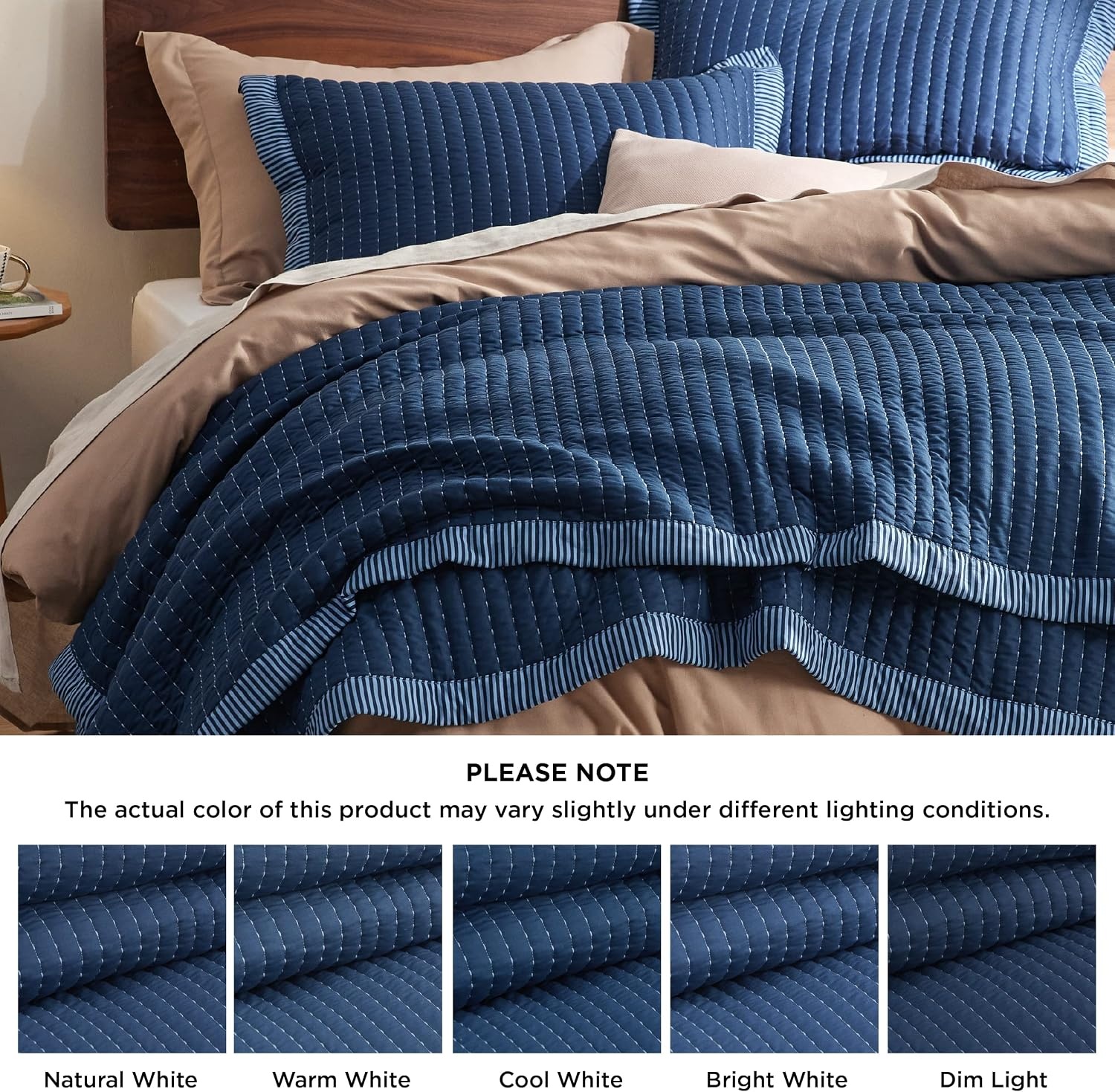 image:imageBedsure Bedspreads Queen Size Lightweight Striped Comforter Navy Breathable Ultra Soft Bedspread AllSeason Comfort Summer Coverlet Hot Sleepers Friendly OEKOTEX 3Piece Set 90x96in08 Navy Contrast Border