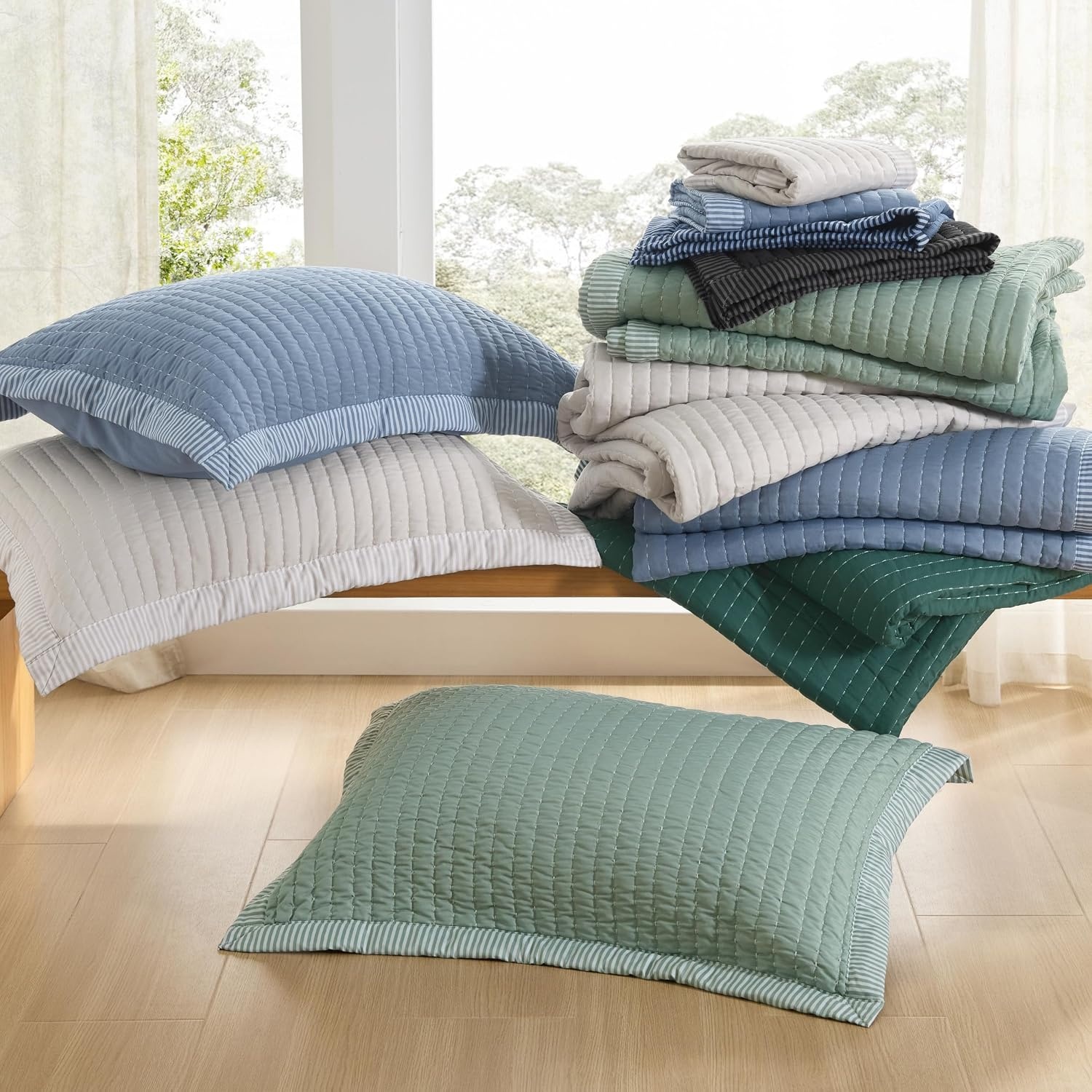image:imageBedsure Bedspreads Queen Size Lightweight Striped Comforter Navy Breathable Ultra Soft Bedspread AllSeason Comfort Summer Coverlet Hot Sleepers Friendly OEKOTEX 3Piece Set 90x96in09 Blue Contrast Border