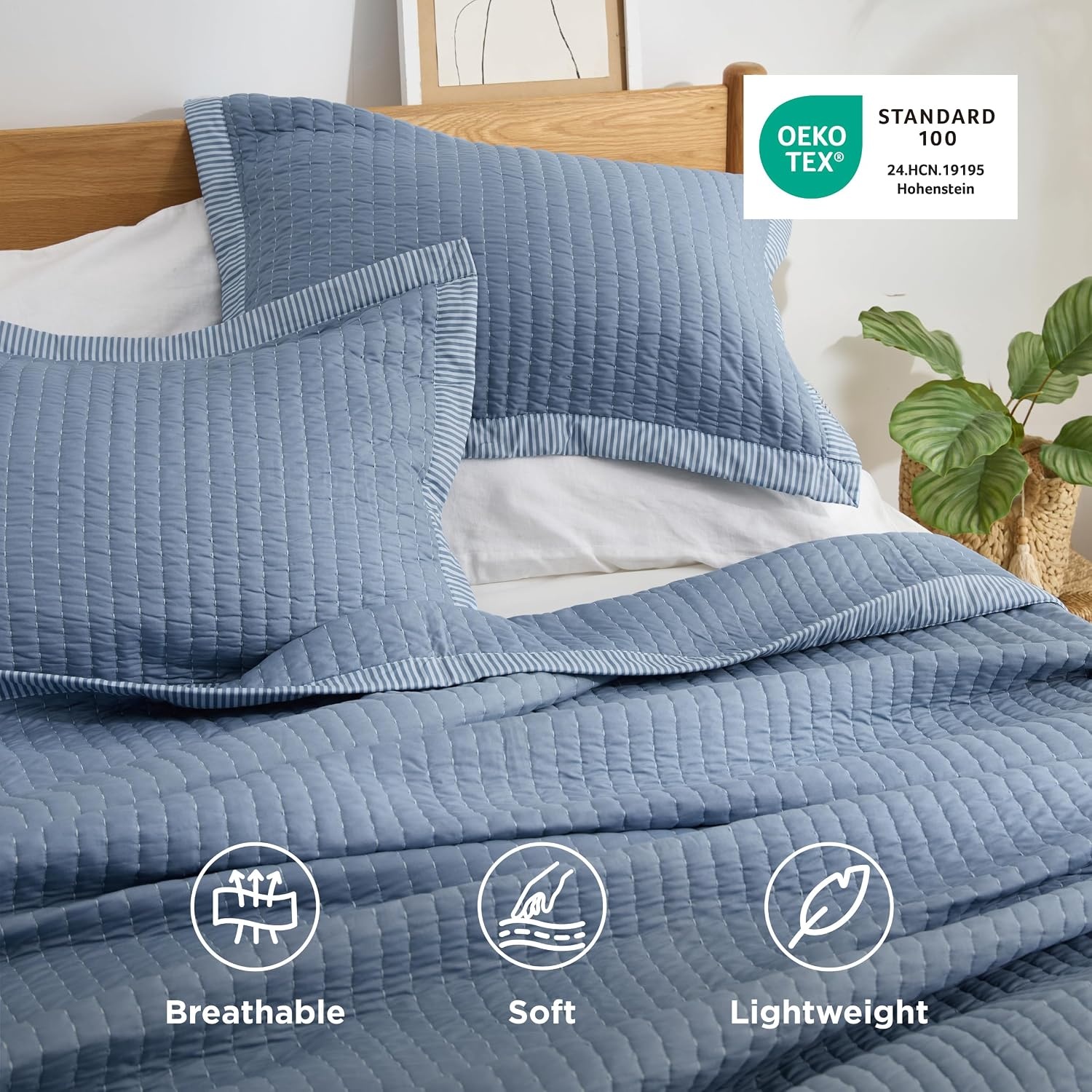 image:imageBedsure Bedspreads Queen Size Lightweight Striped Comforter Navy Breathable Ultra Soft Bedspread AllSeason Comfort Summer Coverlet Hot Sleepers Friendly OEKOTEX 3Piece Set 90x96in09 Blue Contrast Border