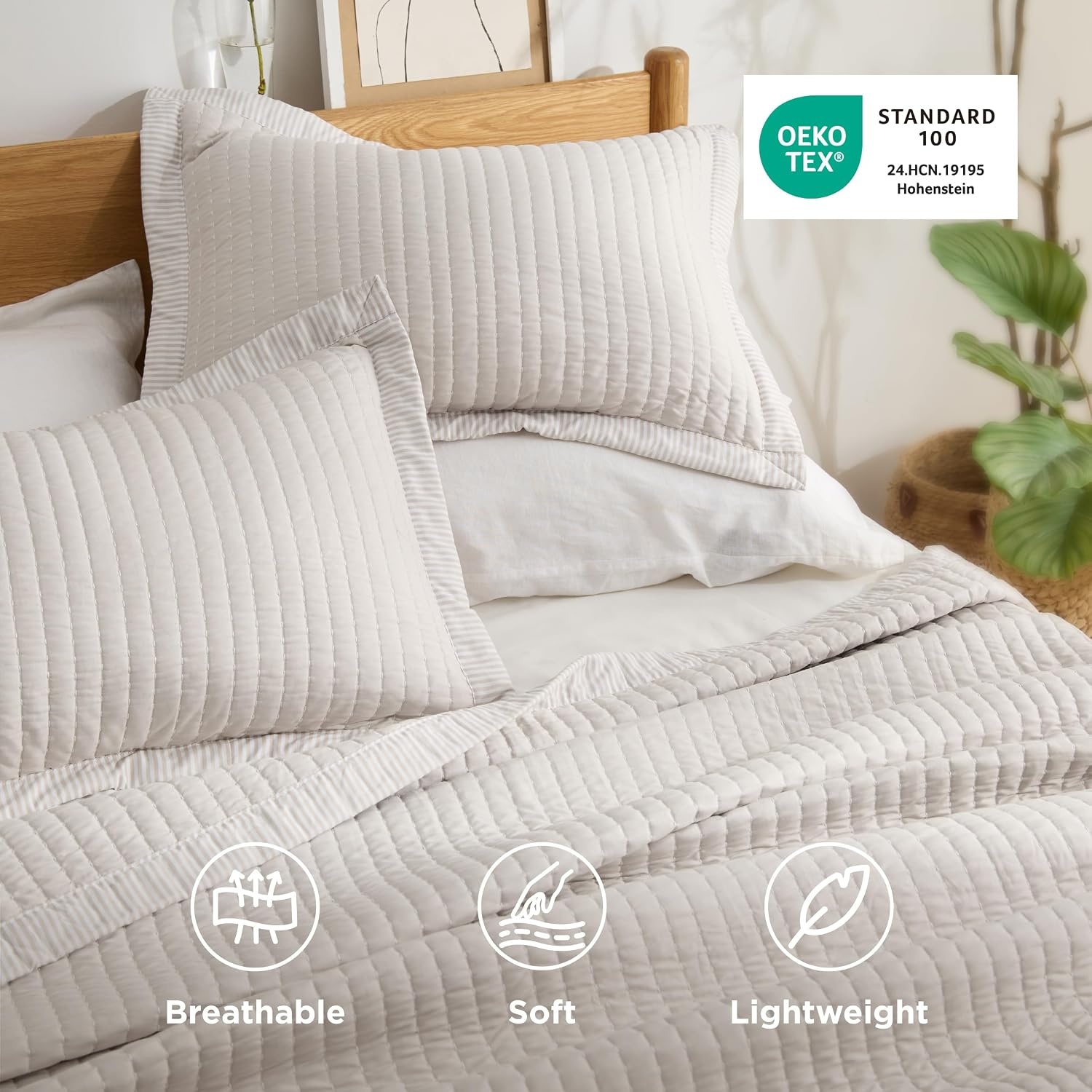 image:imageBedsure Bedspreads Queen Size Lightweight Striped Comforter Navy Breathable Ultra Soft Bedspread AllSeason Comfort Summer Coverlet Hot Sleepers Friendly OEKOTEX 3Piece Set 90x96in07 Linen Contrast Border