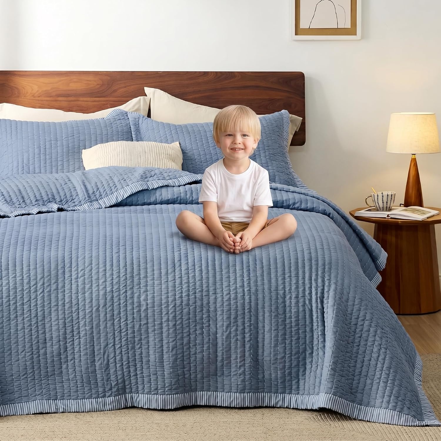 image:imageBedsure Bedspreads Queen Size Lightweight Striped Comforter Navy Breathable Ultra Soft Bedspread AllSeason Comfort Summer Coverlet Hot Sleepers Friendly OEKOTEX 3Piece Set 90x96in09 Blue Contrast Border