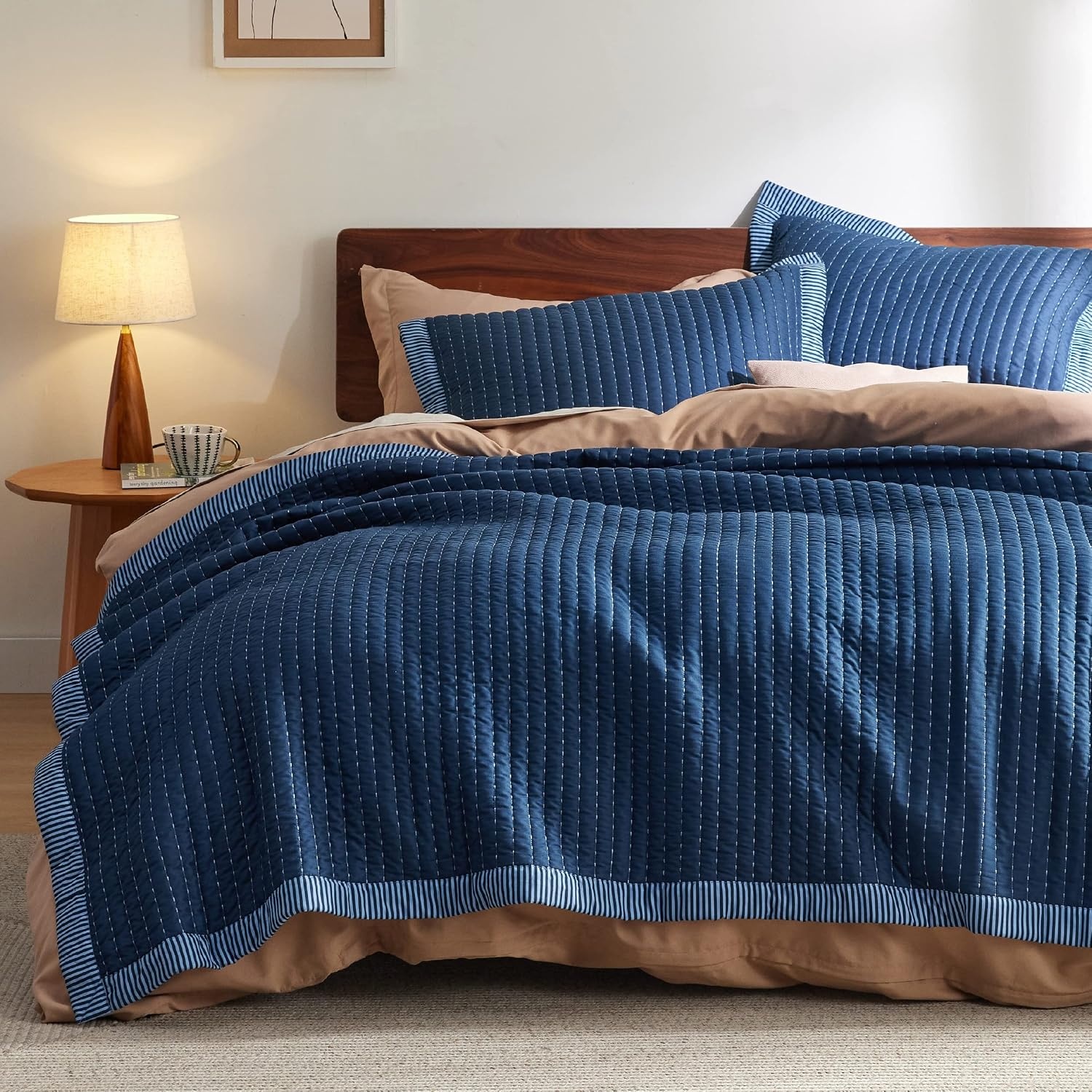 image:imageBedsure Bedspreads Queen Size Lightweight Striped Comforter Navy Breathable Ultra Soft Bedspread AllSeason Comfort Summer Coverlet Hot Sleepers Friendly OEKOTEX 3Piece Set 90x96in08 Navy Contrast Border
