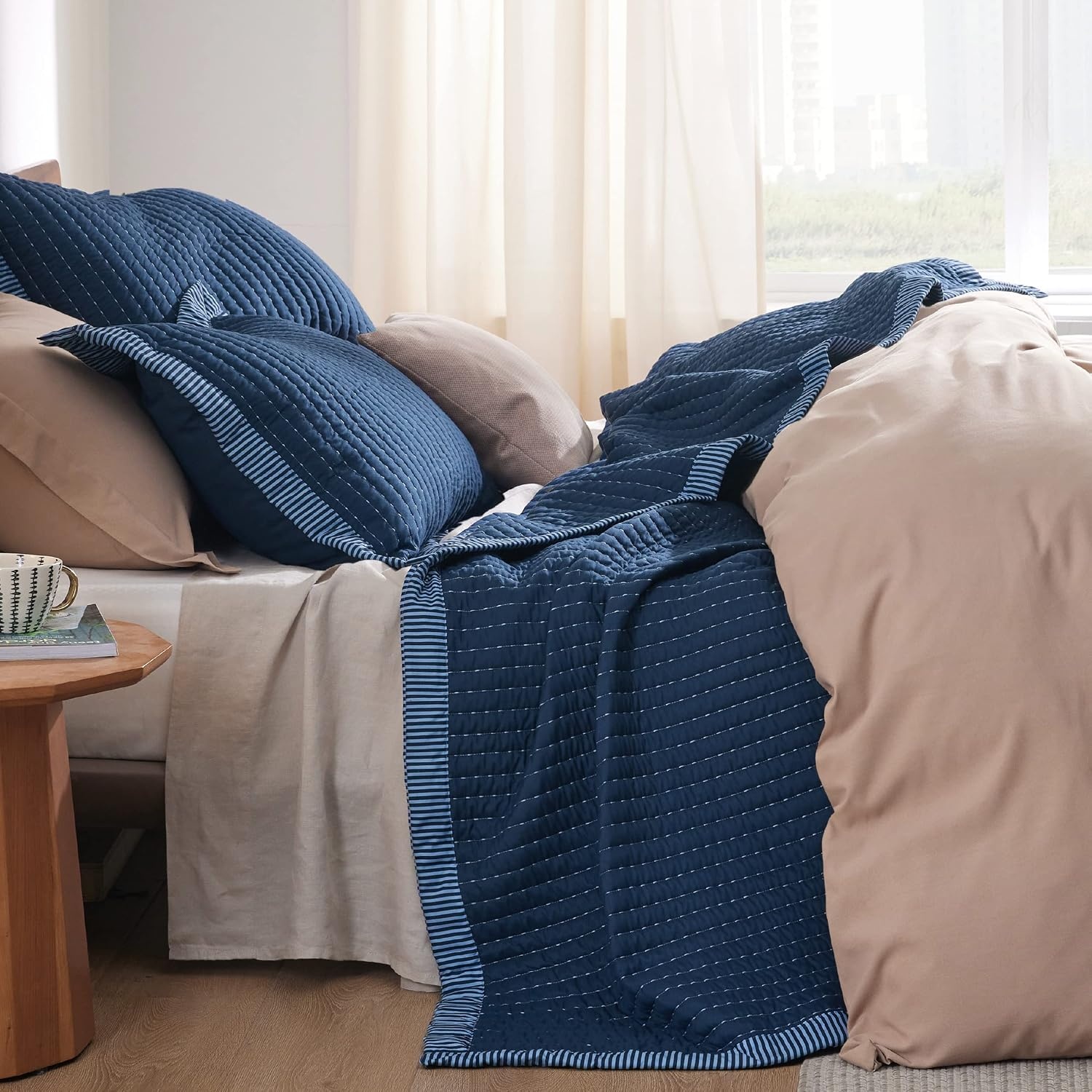 image:imageBedsure Bedspreads Queen Size Lightweight Striped Comforter Navy Breathable Ultra Soft Bedspread AllSeason Comfort Summer Coverlet Hot Sleepers Friendly OEKOTEX 3Piece Set 90x96in08 Navy Contrast Border
