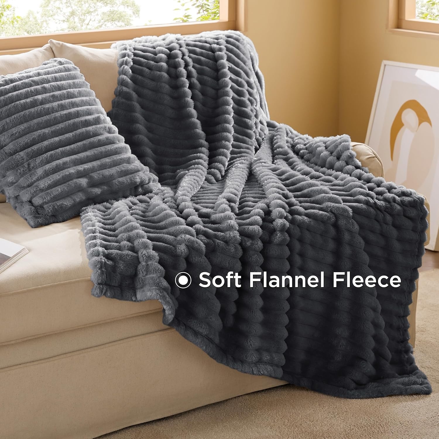 image:imageBedsure Comforter Queen Size 5 Pieces Queen Size Comforter Set with Checkered Throw Blanket and Decorative Pillow Lightweiget Bedding All Season Bedding Sets Light Camel03 Dark Grey Striped