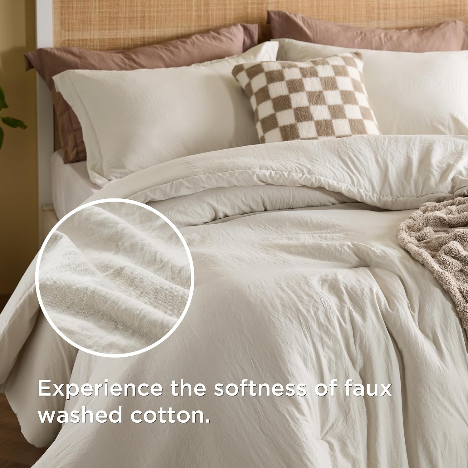 image:imageBedsure Comforter Queen Size 5 Pieces Queen Size Comforter Set with Checkered Throw Blanket and Decorative Pillow Lightweiget Bedding All Season Bedding Sets Light Camel01 Linen Plaid